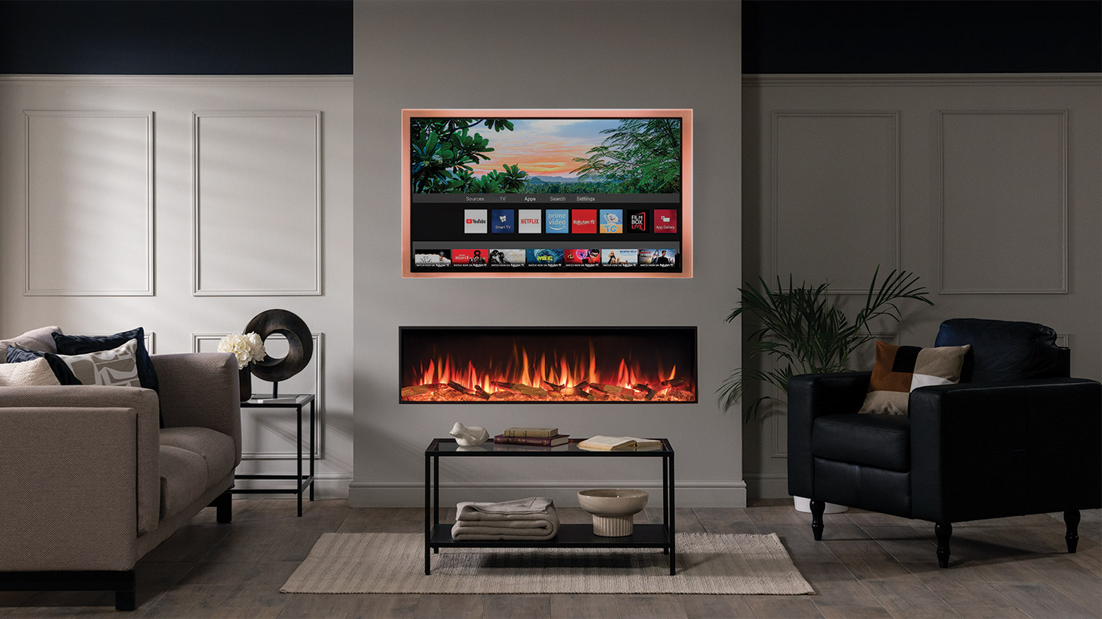 media wall with a fireplace